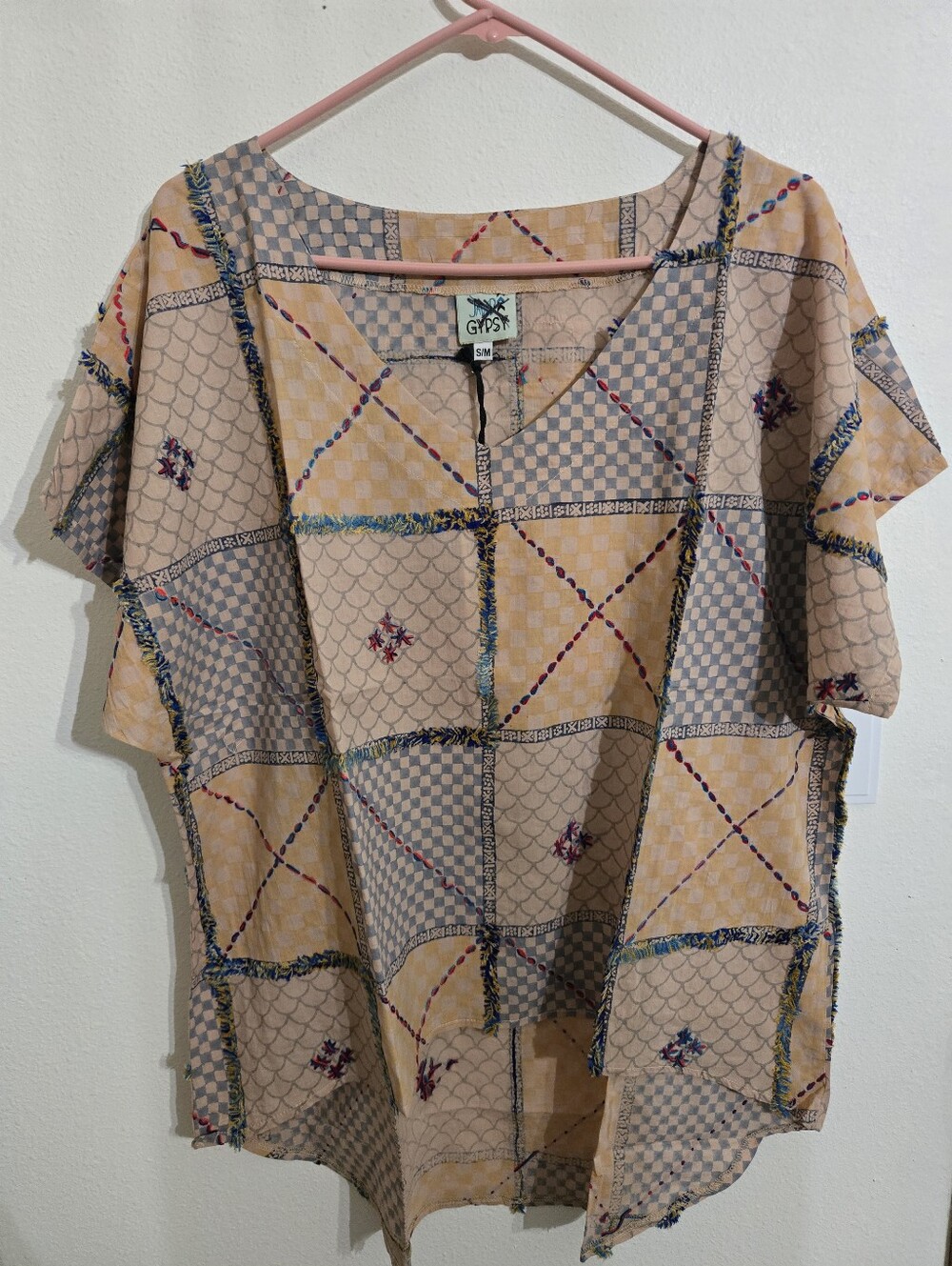Jaded Gypsy Beige & Peach Patchwork Print Short Sleeve Tunic